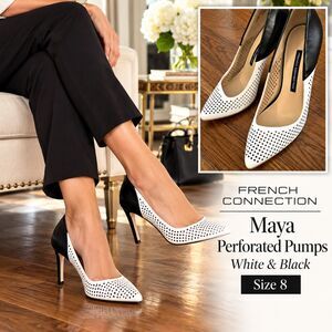 French Connection Maya Perforated Pumps White & Black Size 8.5 or 39